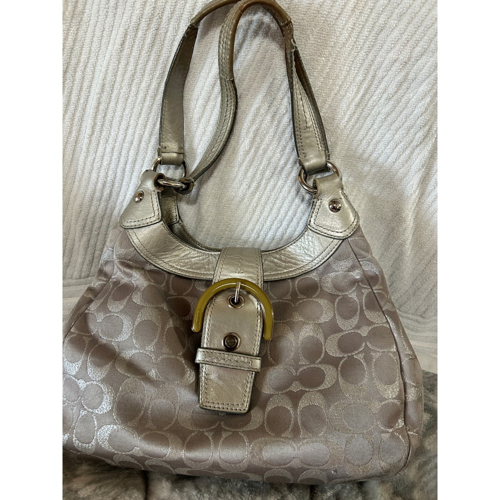 Coach Soho Signature Metallic Sateen Hobo Bag Champagne Silver F18911